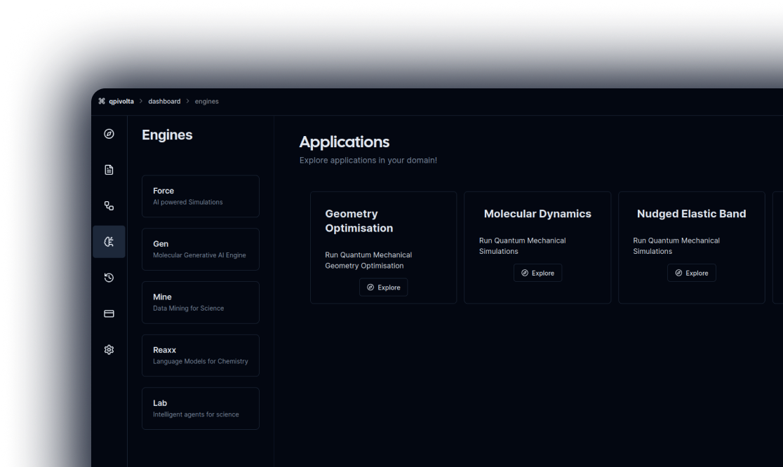 QORE dashboard — Engines view showing Force, Gen, Mine, Reaxx and Lab, with Geometry Optimisation, Molecular Dynamics and Nudged Elastic Band applications.